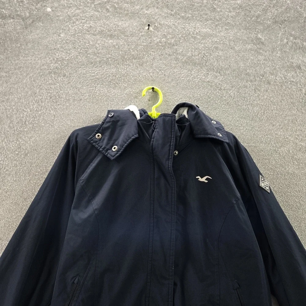 Hollister Women Jacket L Navy Windbreaker‎ Logo All Weather Hooded Zipper